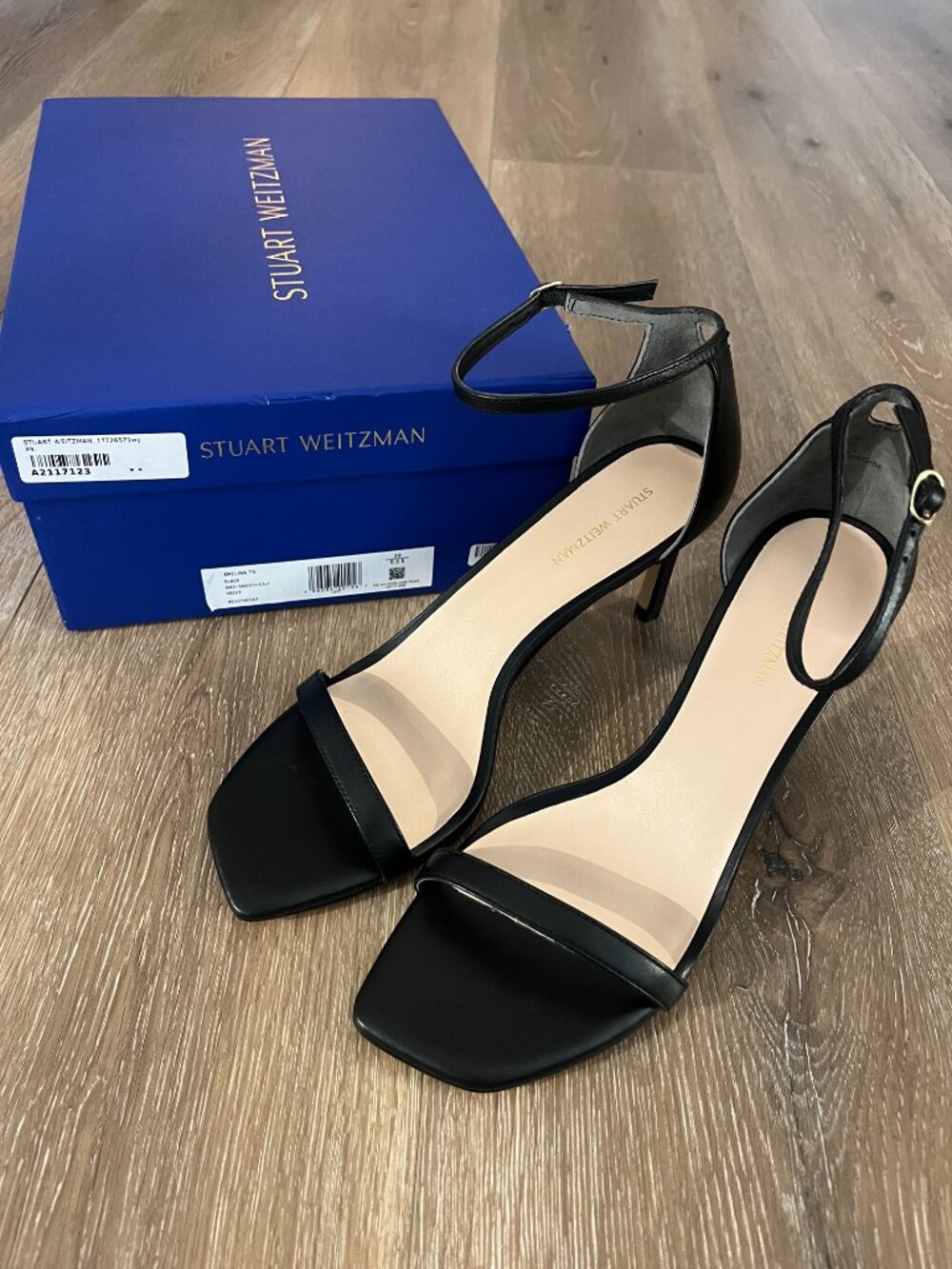 NEW STUART WEITZMAN Amelina 75 Leather Sandals Heels - 8.5 - Black Strappy